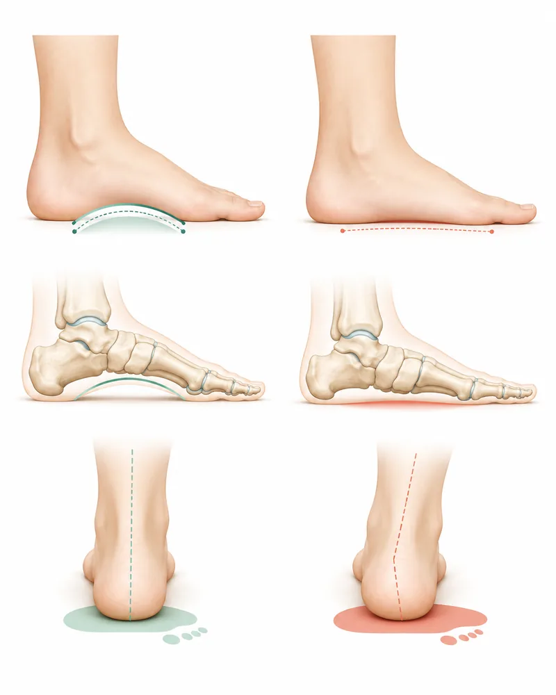 Patient-friendly diagram explaining flat foot arch collapse and arch support treatment