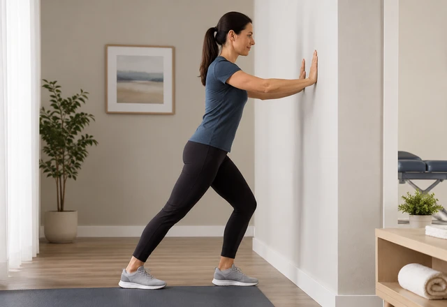 Calf stretching physiotherapy for flat foot and heel pain