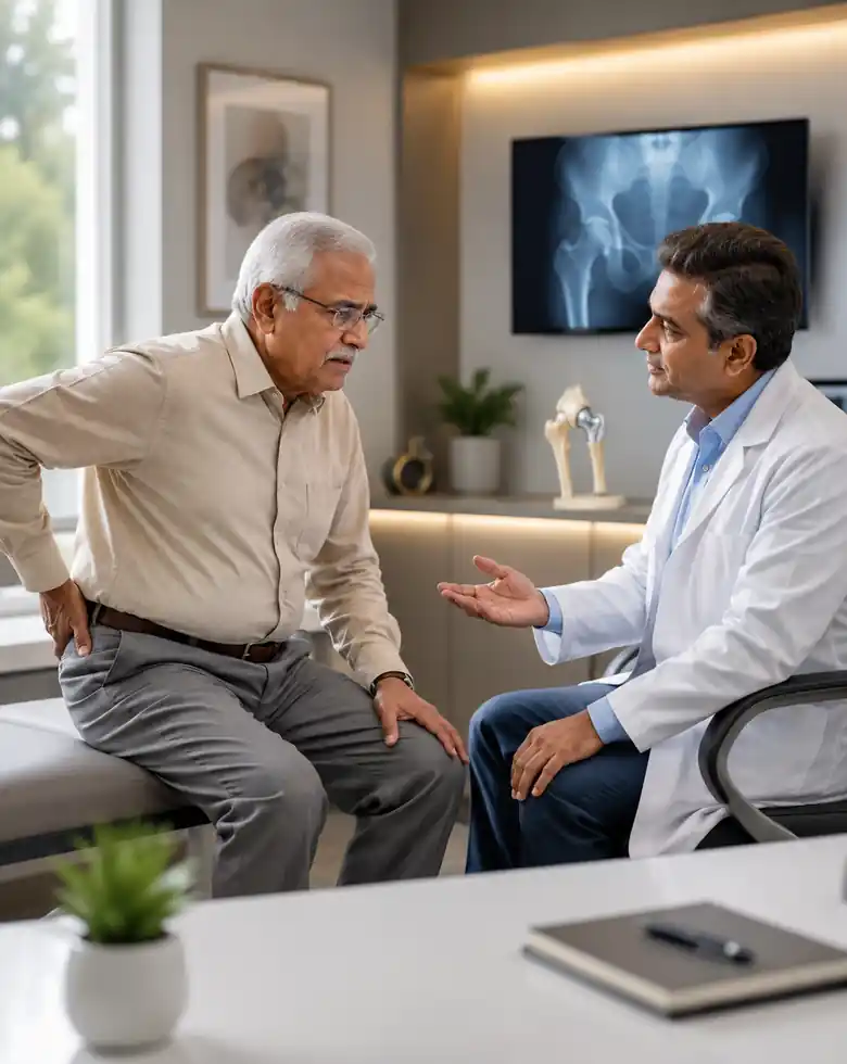 Patient consulting a specialist for hip arthritis pain