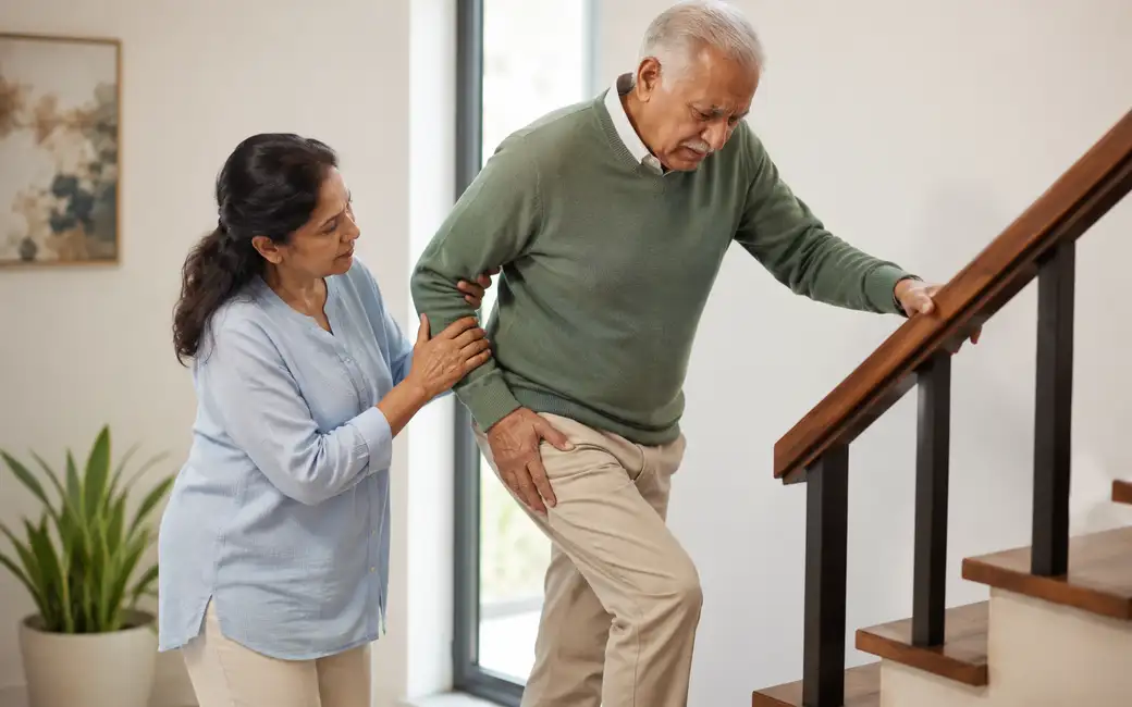 Elderly patient with hip arthritis having walking difficulty