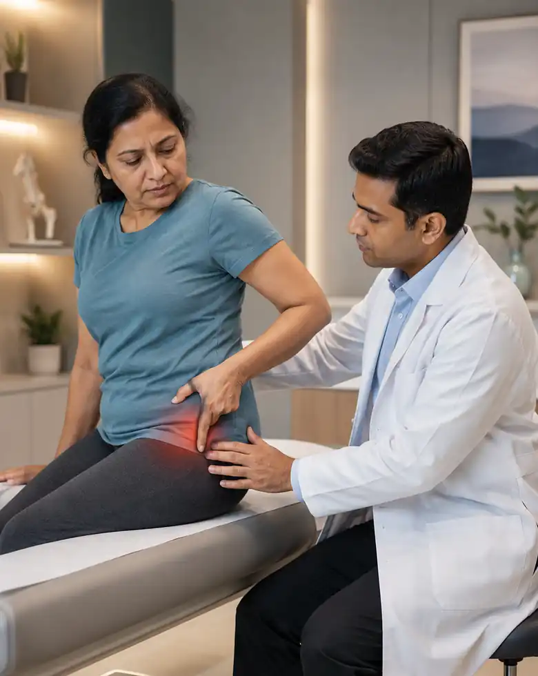 Patient consulting a specialist for trochanteric bursitis hip pain